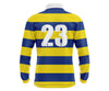 Custom yellow and blue striped long-sleeve school leaver with white accents